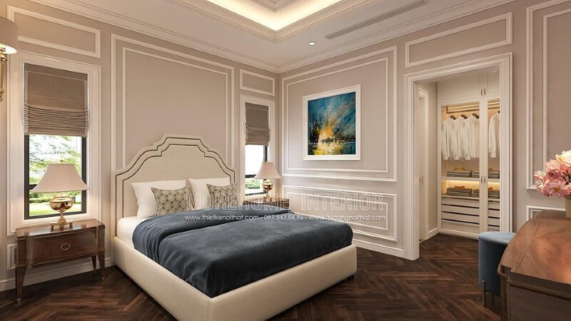 Sắp xếp nội thất phòng ngủ tân cổ điển đẹp, sang trọng, tinh tế với gam trắng chủ đạo từ giường, tường, trần thạch cao. Thiết kế nội thất phòng ngủ biệt thự
