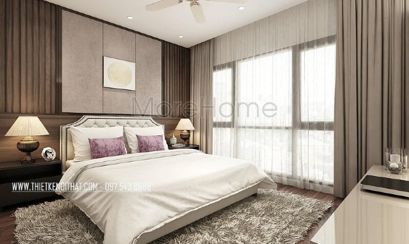 Phòng ngủ vợ chồng hiện đại, đẹp, sang trọng, thông thoáng với hệ cửa kính lớn luôn đón nắng nhưng cũng giúp ngăn nóng kịp thời với rèm 2 lớp. Thiết kế nội thất phòng ngủ biệt thự