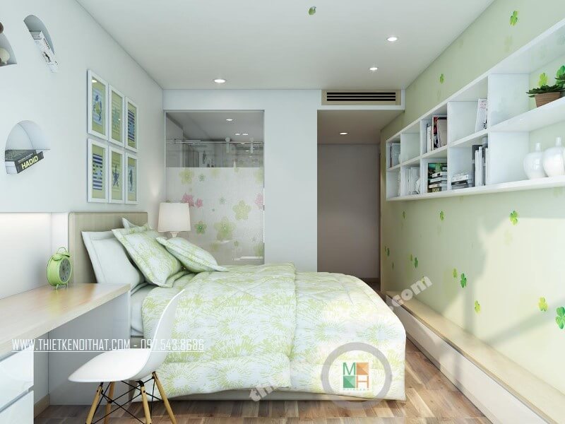 Thiết kế nội thất phòng ngủ trẻ em đơn giản cho căn hộ chung cứ với cách sắp xếp nội thất hợp lí có kệ sách treo trang trí mang đến không giạn phòng ngủ lí tưởng Thiết kế phòng ngủ