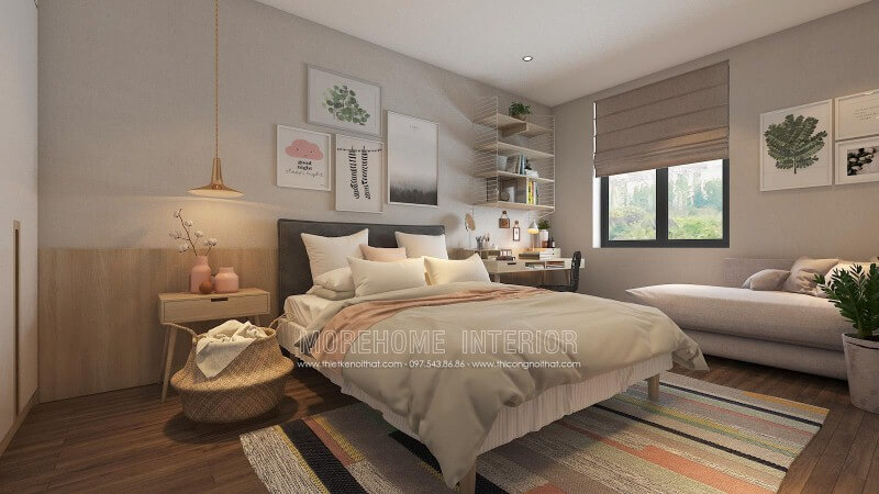 Gạch giả gỗ ốp tường cùng cách trang trí hiện đại, độc đáo đã tạo nên phòng ngủ trẻ trung, sinh động. Thiết kế phòng ngủ