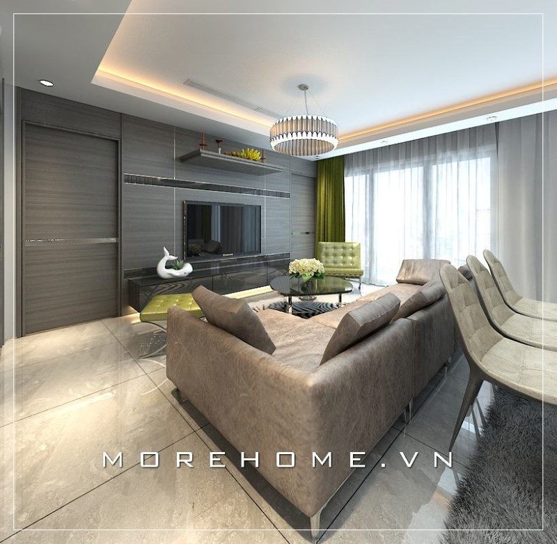 Thiết kế phòng khách chung cư hiện đại đẹp, sang trọng góp phần mang đến 1 không khí gia đình ấm áp.