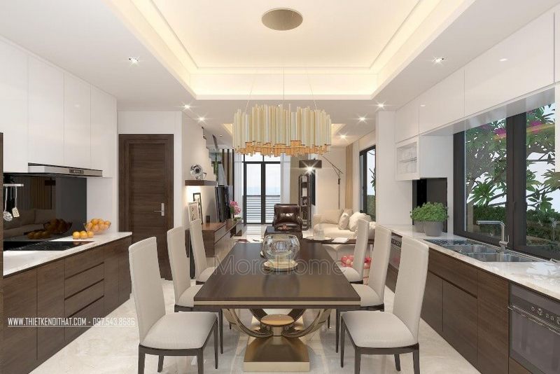 Thiết kế nội thất phòng ăn liền kề phòng khách mang đến cảm giác mở cho không gian thoáng rộng hơn