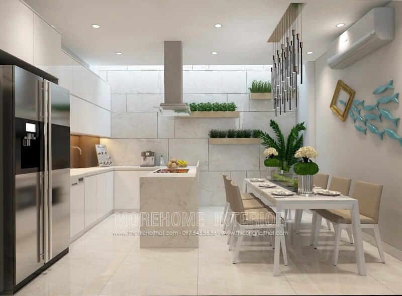 Mẫu tủ bếp gỗ công nghiệp nhẹ nhàng kết hợp màu trắng chủ đạo mang lại không gian nhà bếp hiện đại và rộng rãi hơn