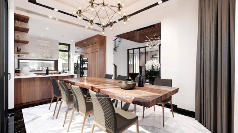 Sẽ là một gợi ý sáng tạo sẽ khiến bạn thích thú như trong ý tưởng bố trí phòng bếp hiện đại biệt thự Vinhomes Imperia Hải Phòng trong đây, thiết kế kệ trang trí ở vị trí gần bàn ăn nhất giúp bạn lấy ly, chén một cách thuận tiện