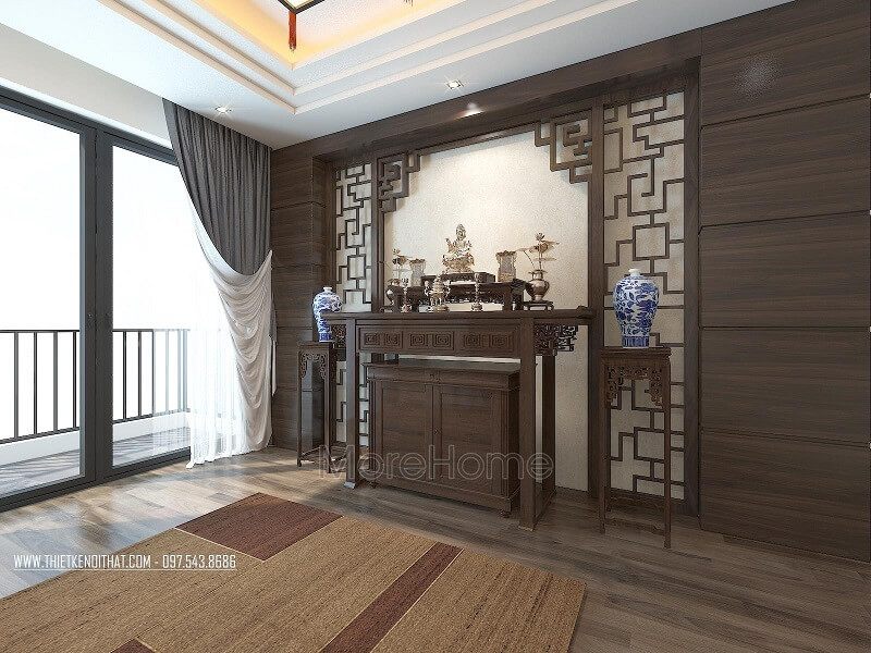 Mẫu thiết kế phòng thờ gia tiên đẹp với mẫu bàn thờ gỗ tự nhiên kết hợp vách cnc mang đến vẻ đẹp cho không gian căn phòng.