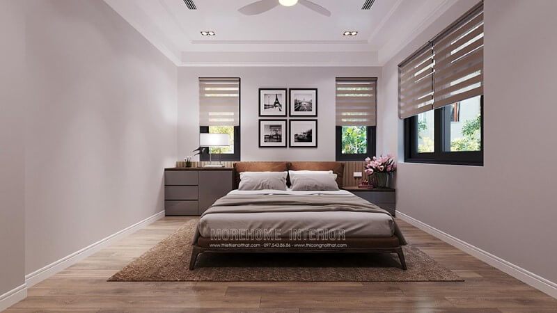 Thiết kế nội thất phòng ngủ theo phong cách hiên đại với sự kết hợp tinh tế của gam màu trung tính nhẹ nhàng.
