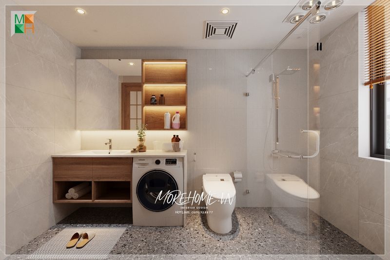 Vách tắm kính 180 độ với bề mặt rộng thoáng đãng ngăn cách giữa không gian phòng tắm đứng trắng văng nước gây ảnh hưởng tới các khu vực khác trong phòng.